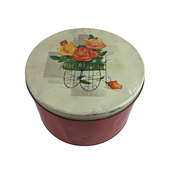 Vintage Other - Vintage 50s Metal Tin Round Floral Cart Of Roses Decorative Storage Container